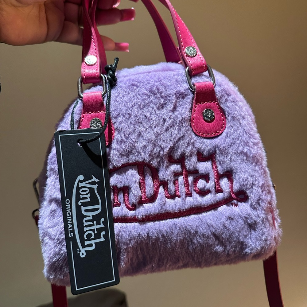 Von Dutch Fuzzy Purple and Pink Mini Bag with Crossbody strap